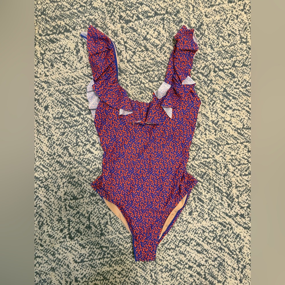 J. Crew Liberty Blue and Red One Piece Scoopneck Ruffled Swimsuit Size 6